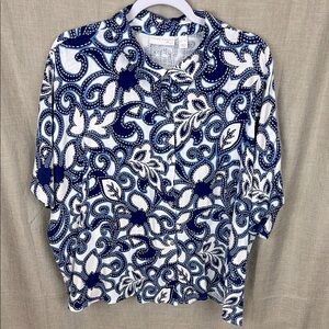 Susan Graver Pure Women’s XL. Button Up Print‎ Linen Blend Short Sleeve Top